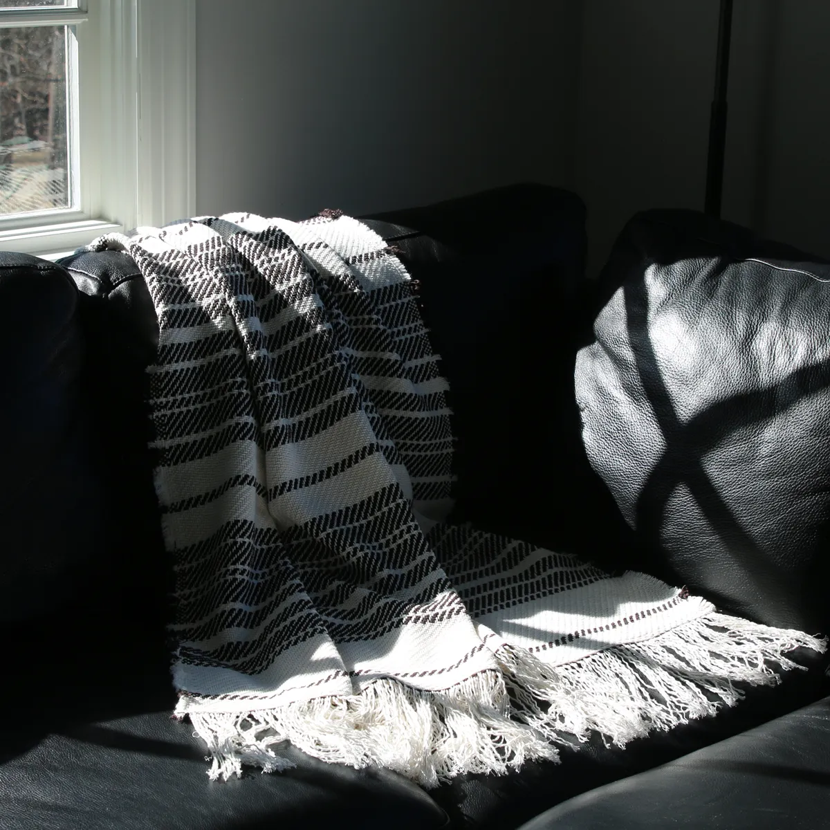 White and Dark Brown Striped Woven Cotton Throw