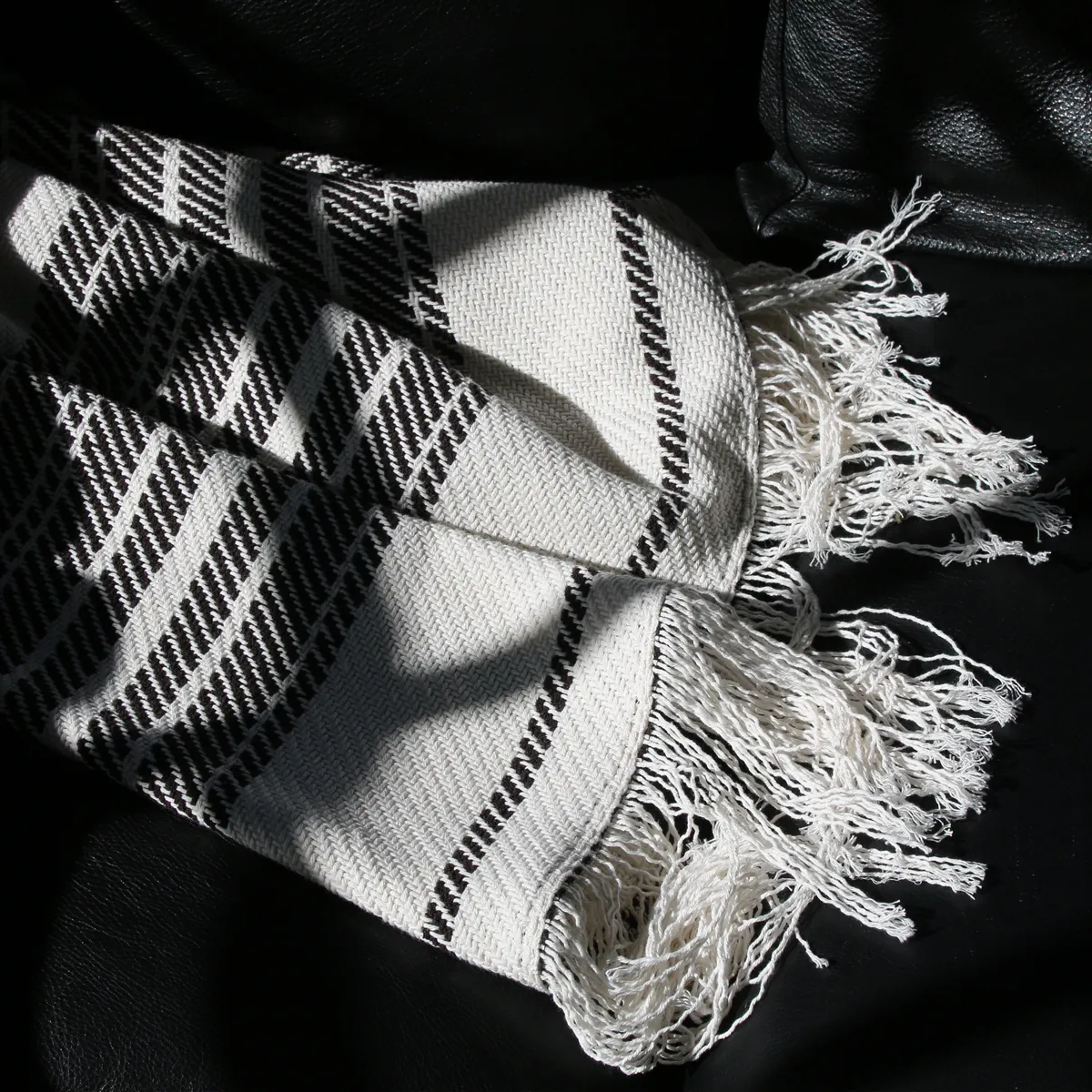 White and Dark Brown Striped Woven Cotton Throw