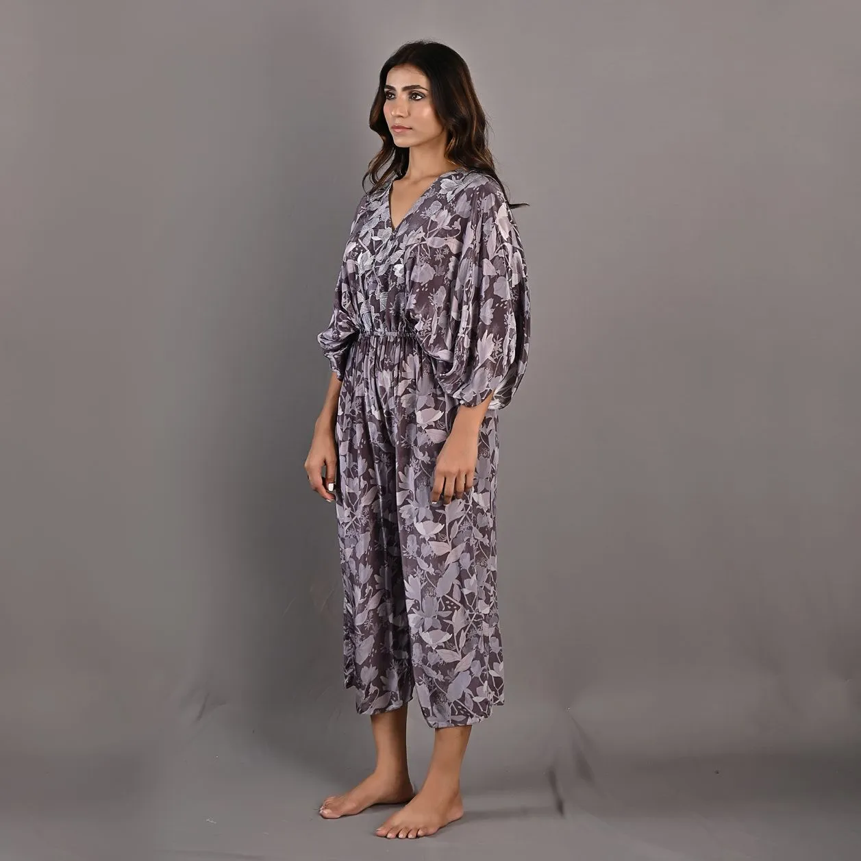 Winika- Mauve Floral Printed Jumpsuit with Embroidered Neckline