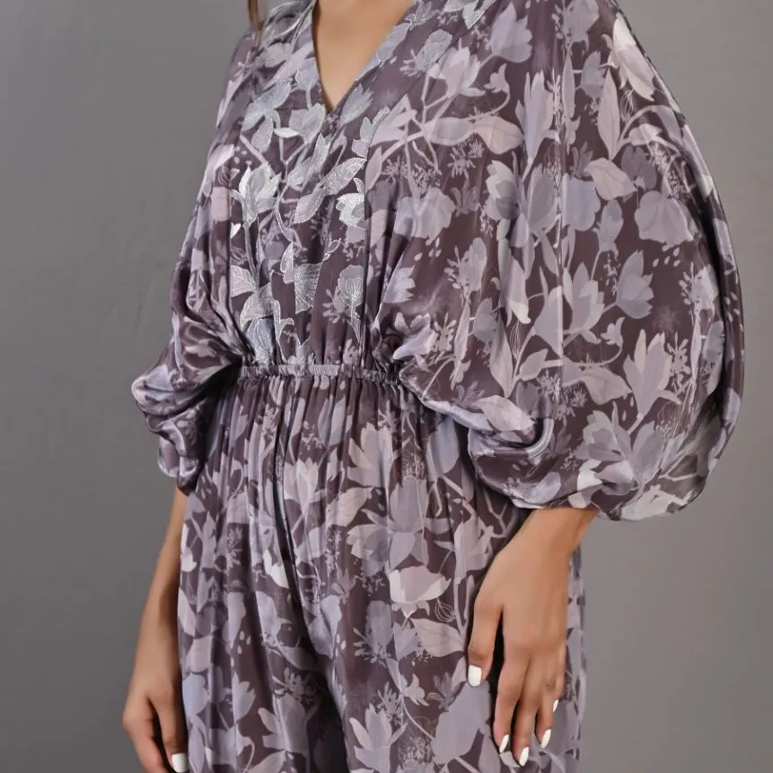 Winika- Mauve Floral Printed Jumpsuit with Embroidered Neckline
