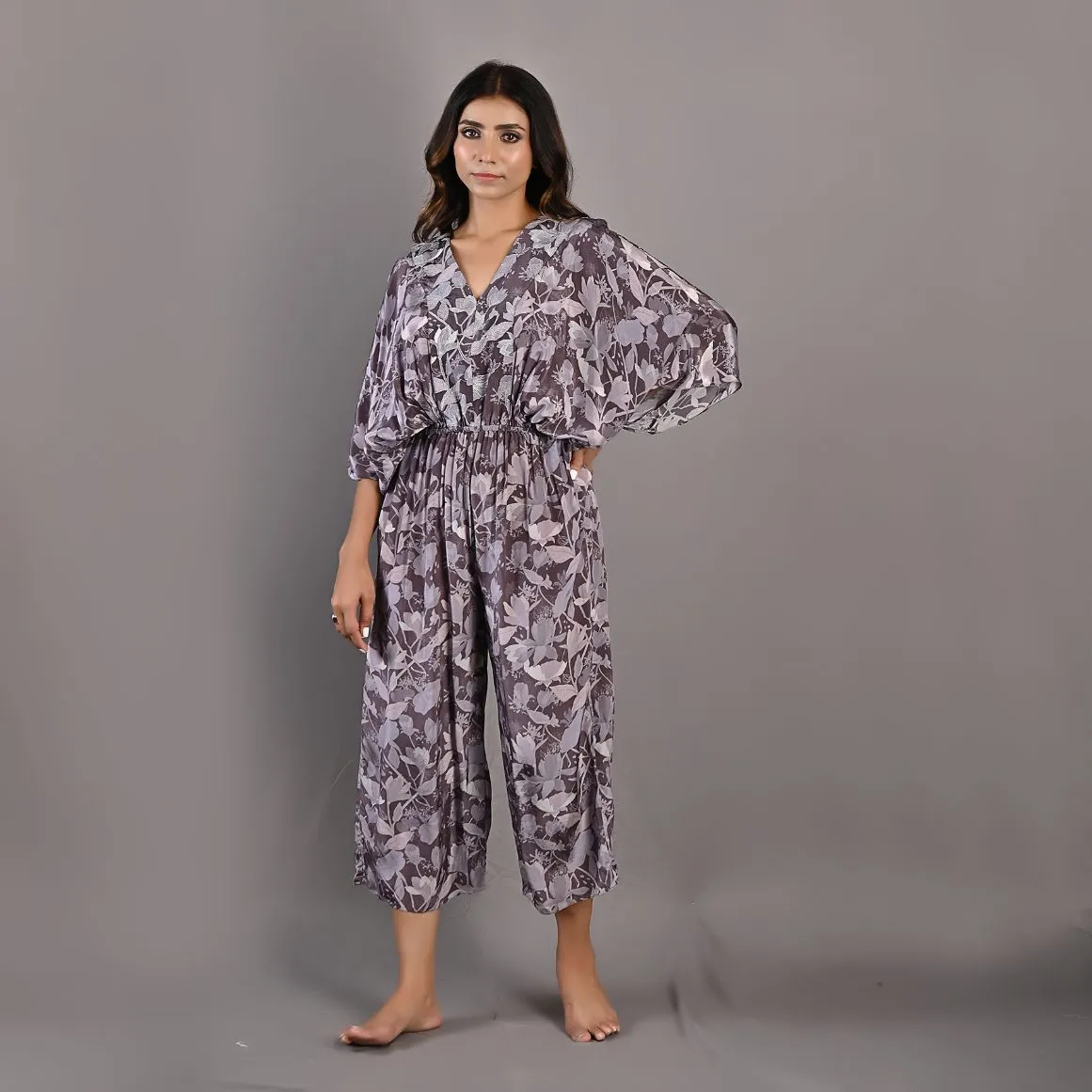Winika- Mauve Floral Printed Jumpsuit with Embroidered Neckline