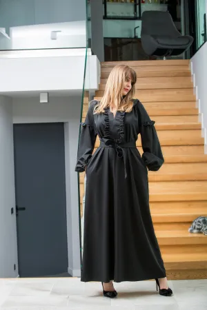 Women Black Dress, Formal Dress, Boho Dress, Plus Size Clothing, Belt Dress, Gothic Dress, Vintage Style Dress, Bishop Sleeve Dress, Elegant
