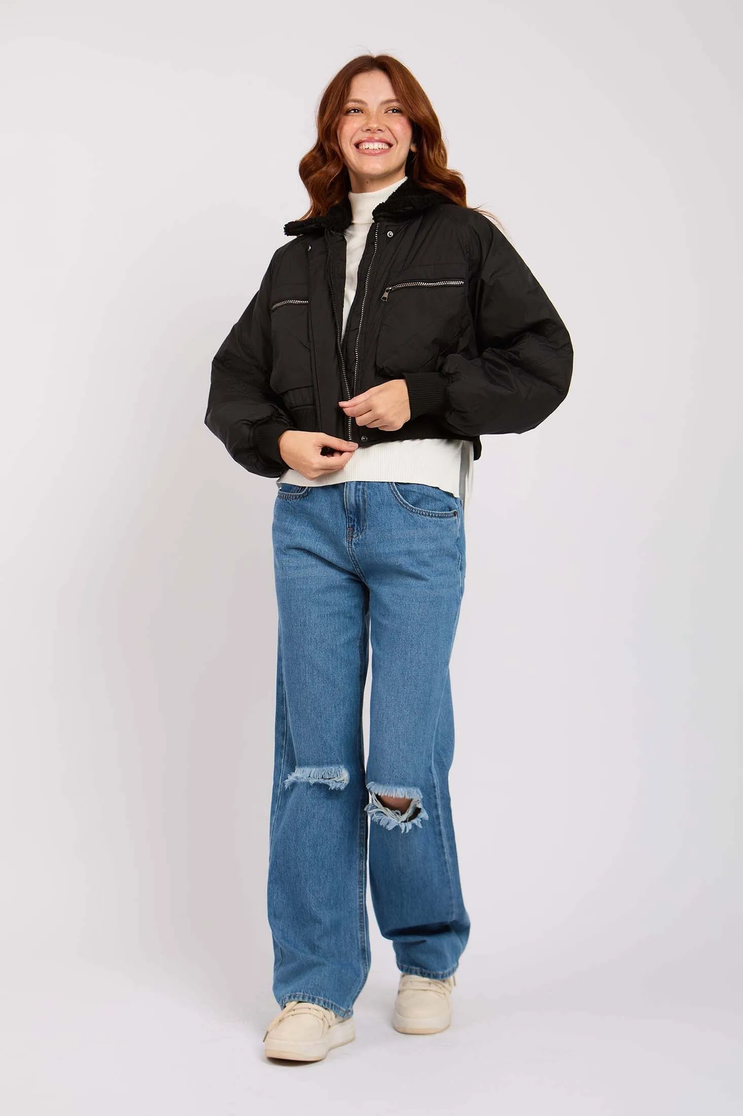 Women Jacket Cropped Waterproof Bomber Black
