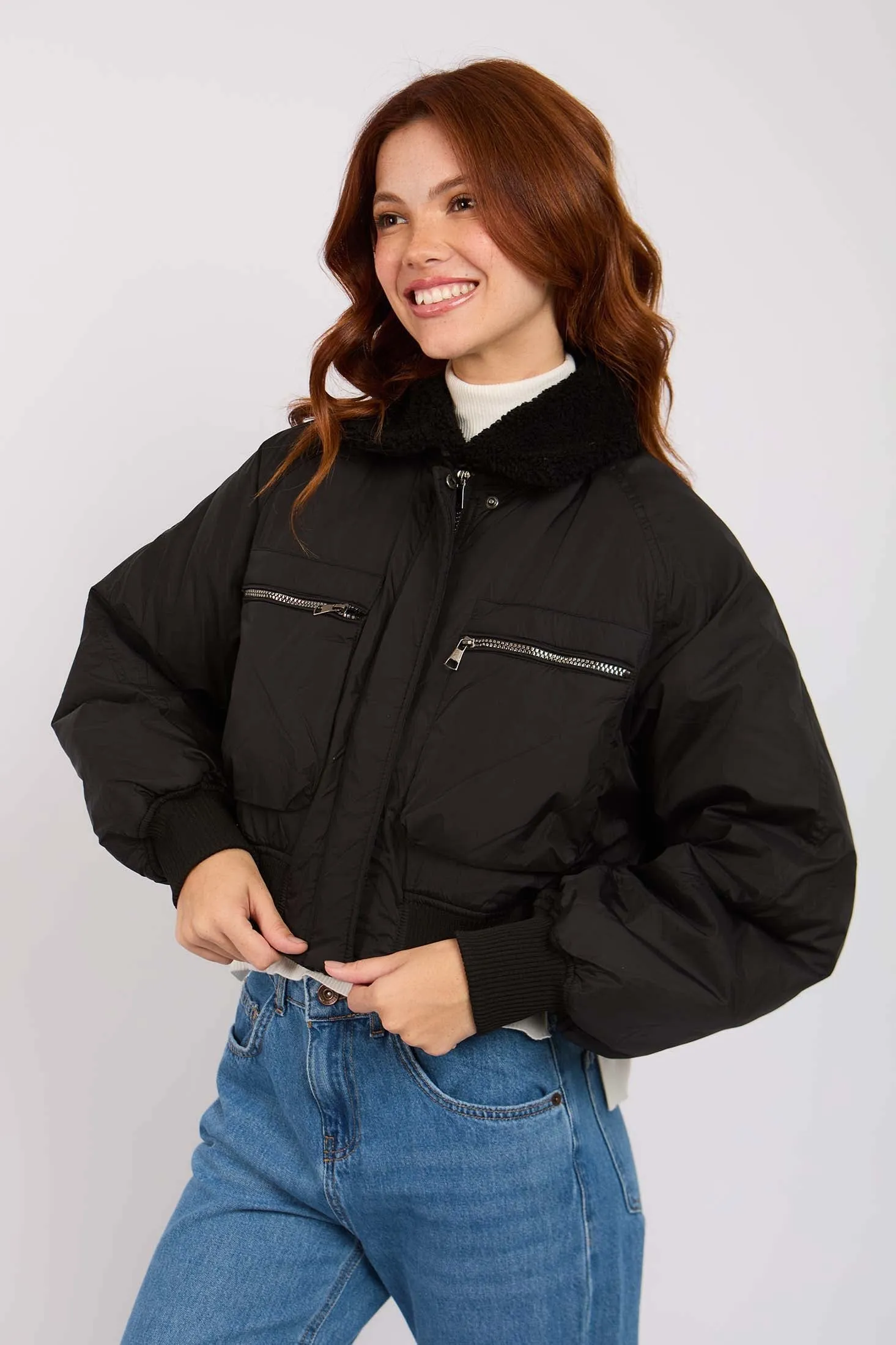 Women Jacket Cropped Waterproof Bomber Black