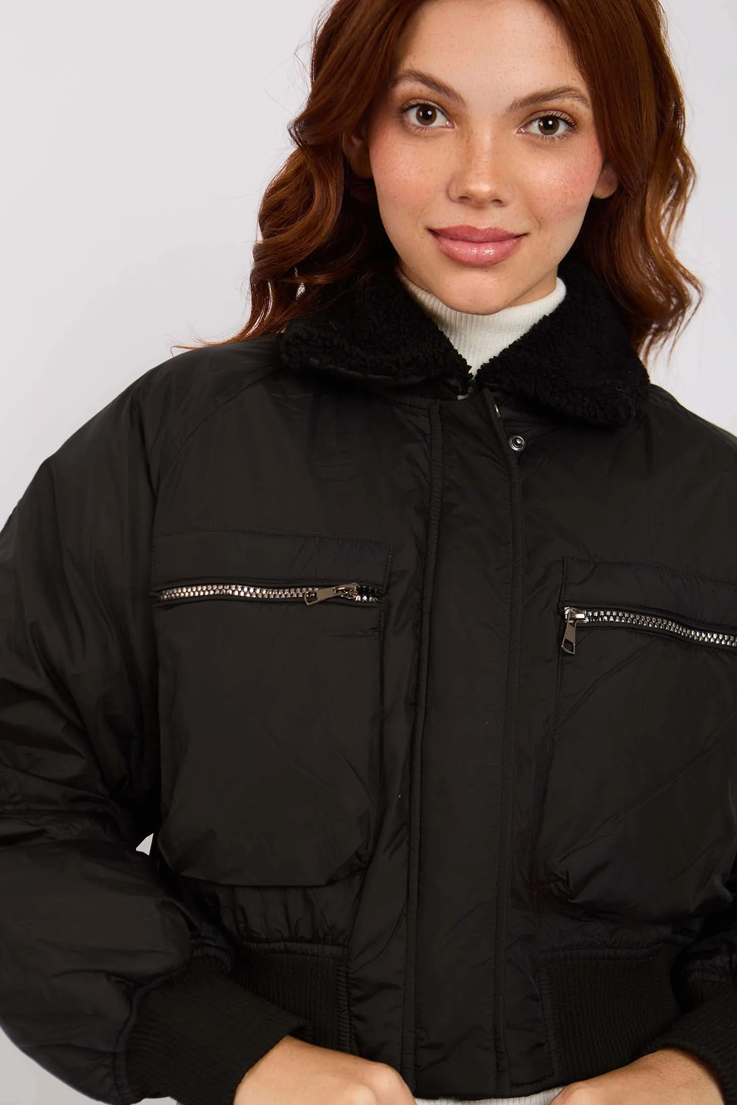 Women Jacket Cropped Waterproof Bomber Black