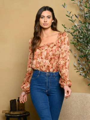 WOMEN'S LONG SLEEVE FLORAL WOVEN BODYSUIT