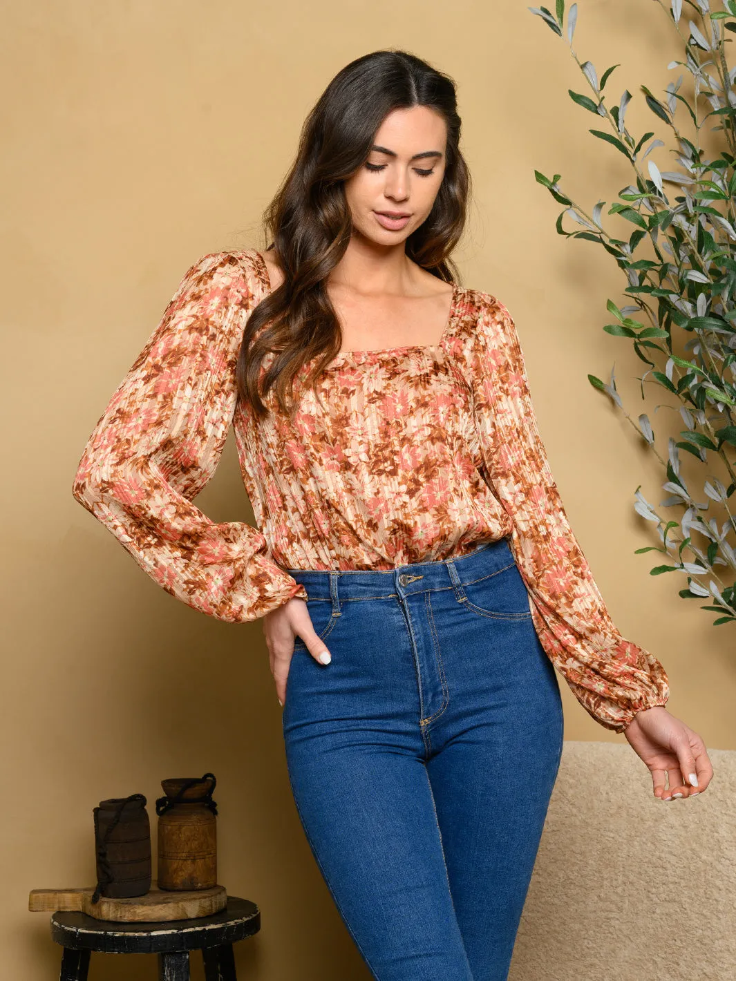 WOMEN'S LONG SLEEVE FLORAL WOVEN BODYSUIT