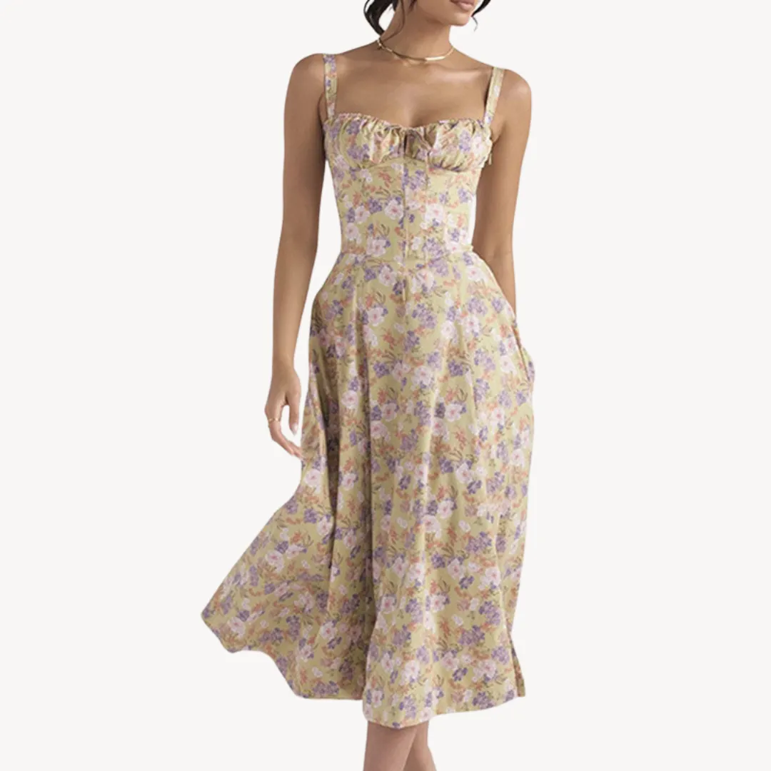 Women's Midi Dress – Floral Print – Corset Bodice – A-Line Silhouette – Summer Fit