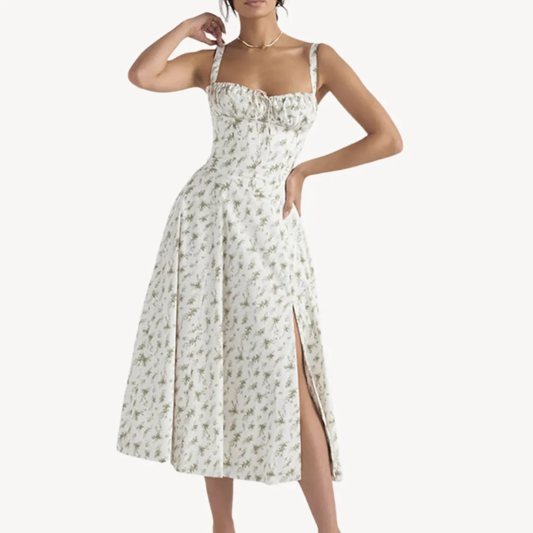 Women's Midi Dress – Floral Print – Corset Bodice – A-Line Silhouette – Summer Fit