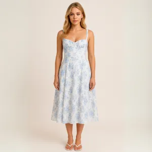 Women's Midi Dress – Floral Print – Corset Bodice – A-Line Silhouette – Summer Fit