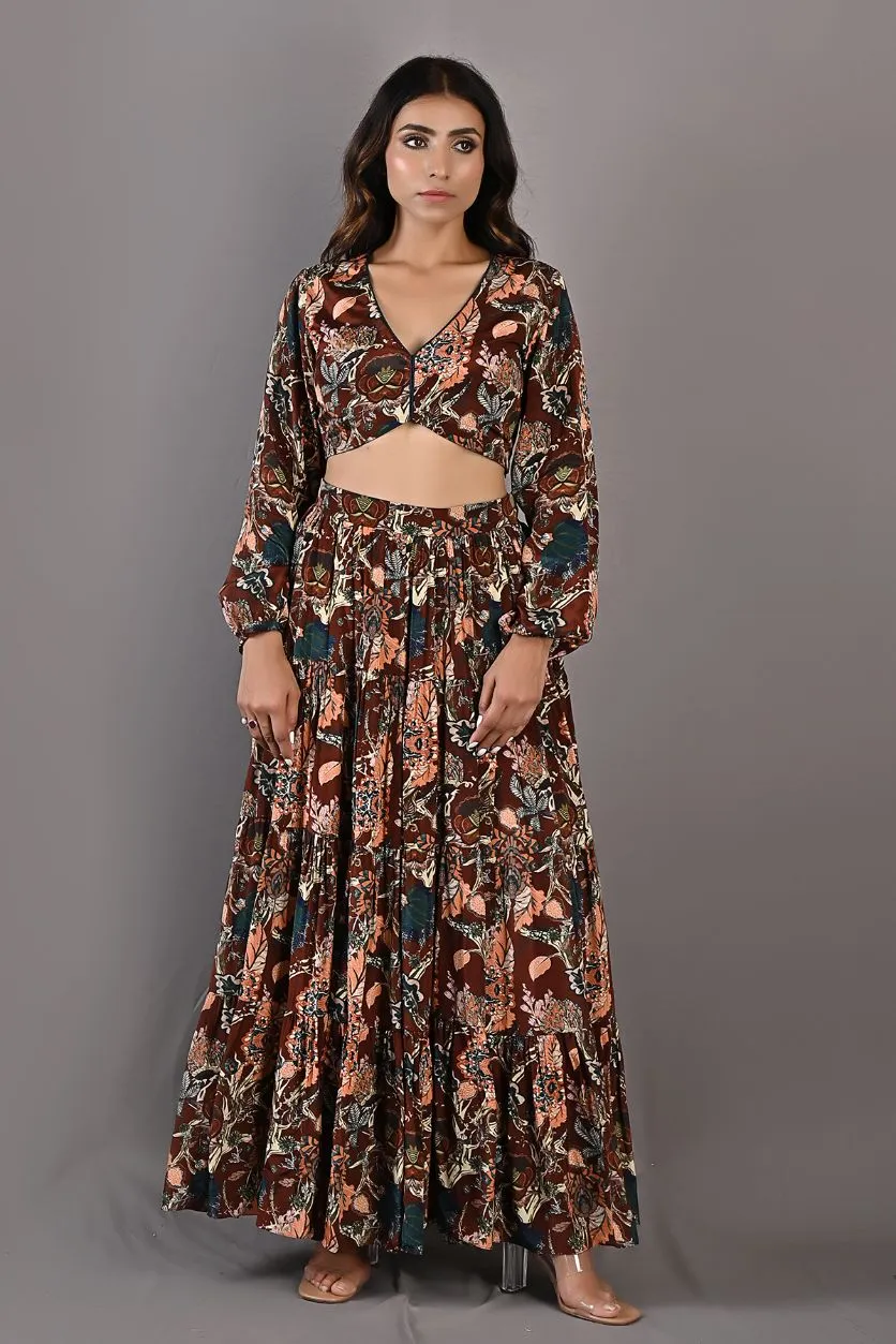 Zahara- Maroon & Multi Printed Co-ord Top with Sharara Set