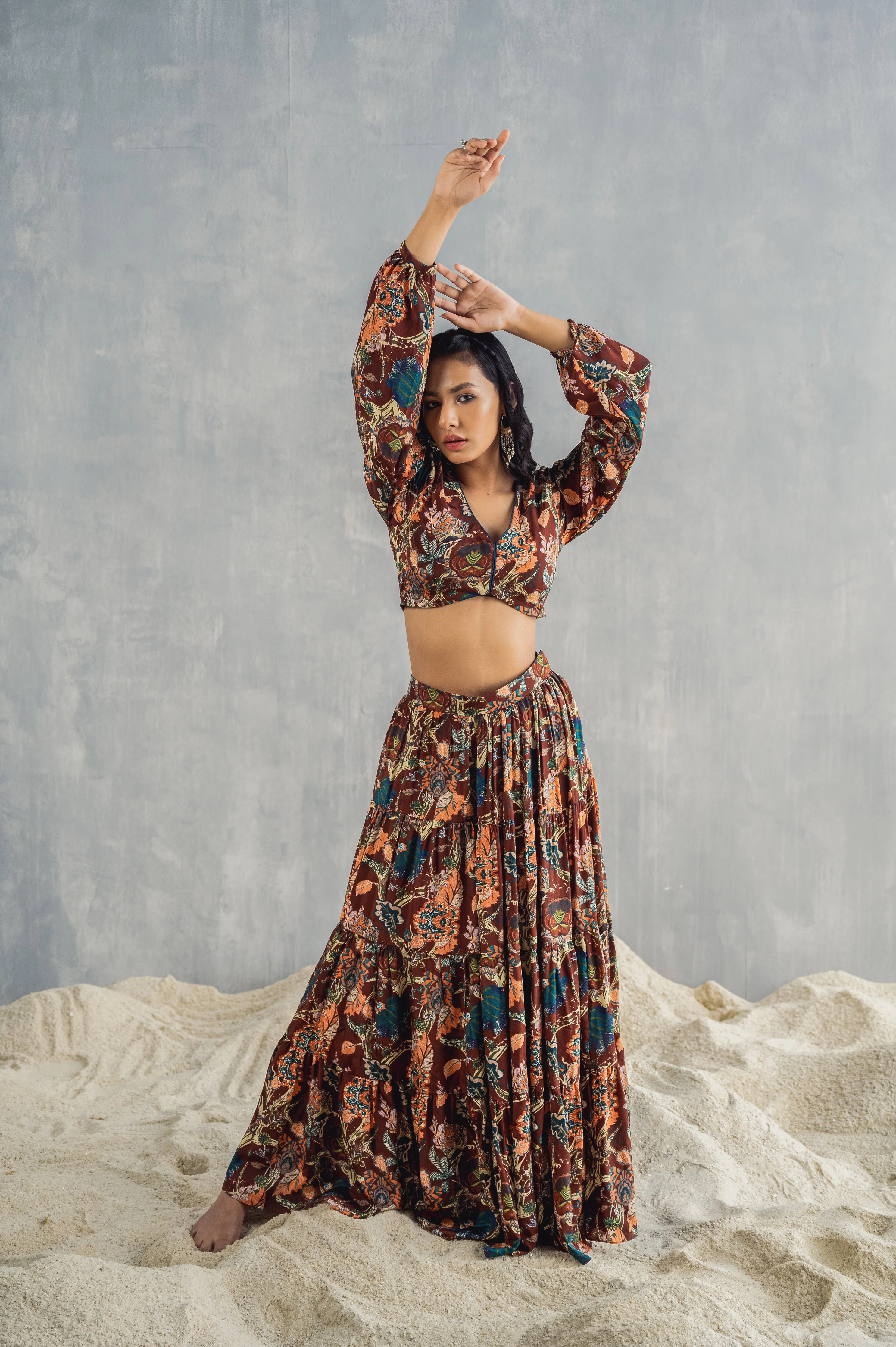 Zahara- Maroon & Multi Printed Co-ord Top with Sharara Set
